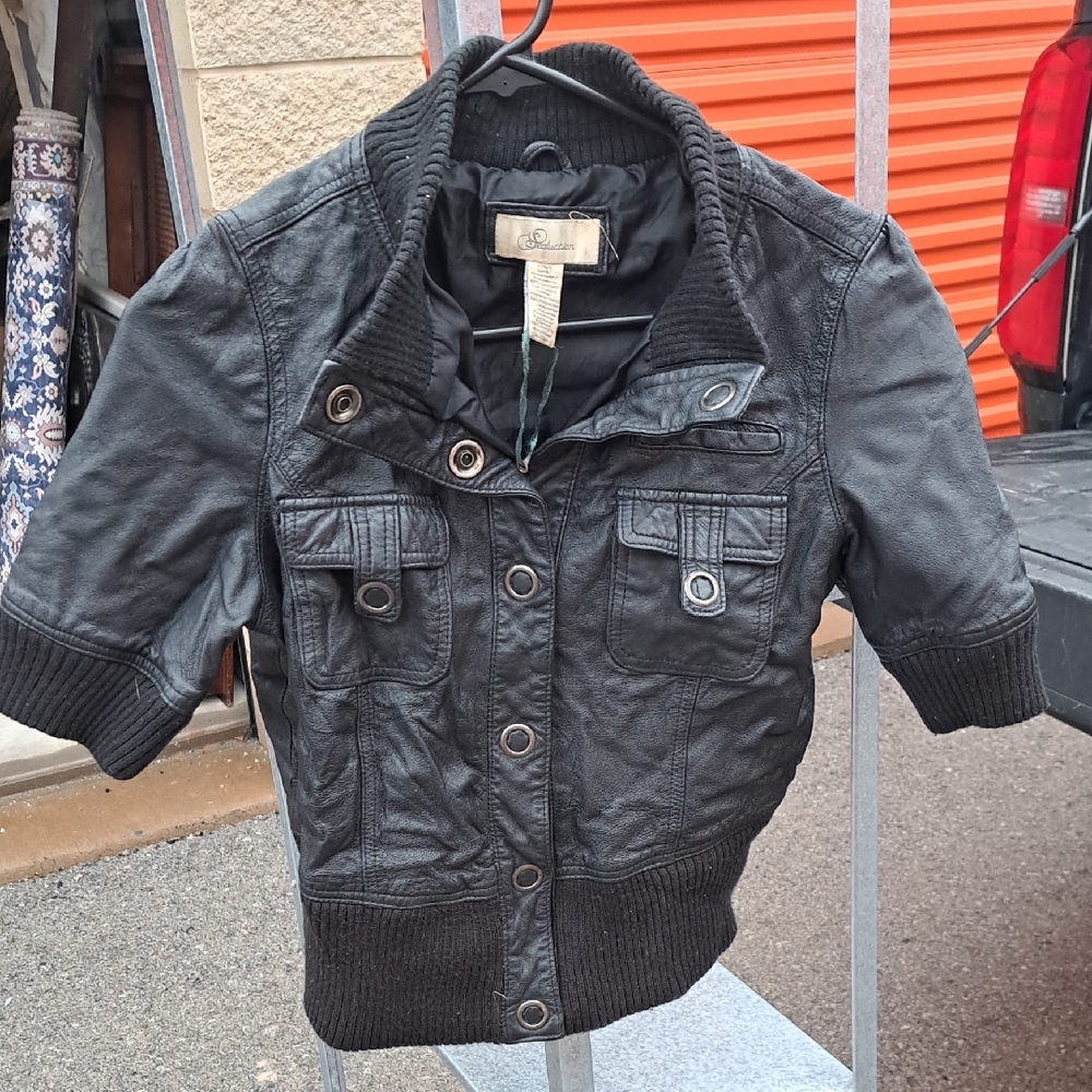 Children's Black Leather Jacket with Ribbed Accents